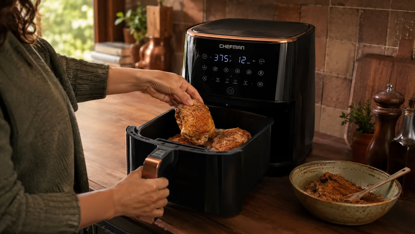 Hands placing seasoned chicken thighs into the basket of a Chefman digital air fryer