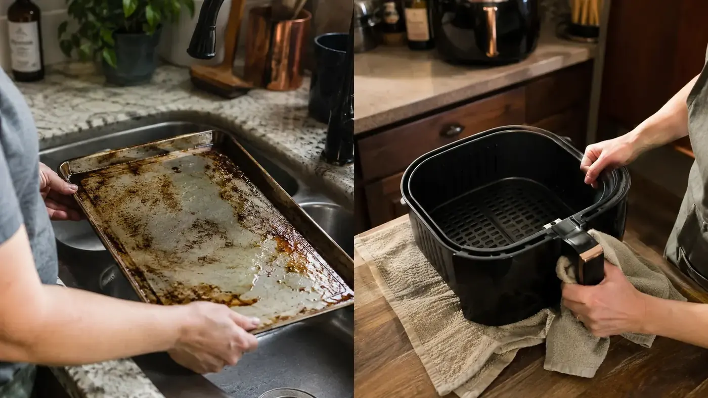 A sheet pan covered in baked-on grease next to a clean, wiped-down air fryer basket