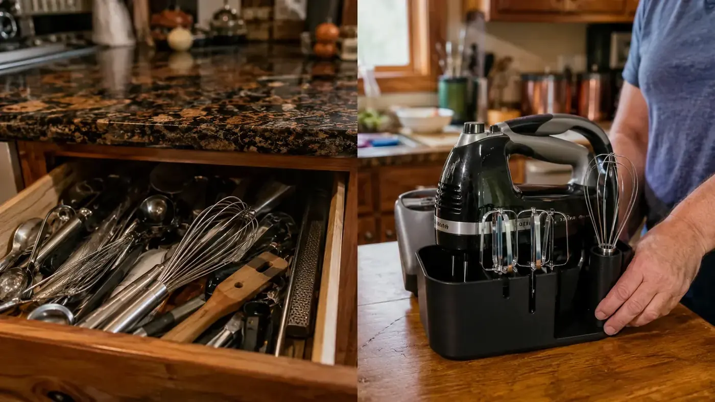 A whisk lying unused in a utensil drawer next to a compact hand mixer plugged in on the counter