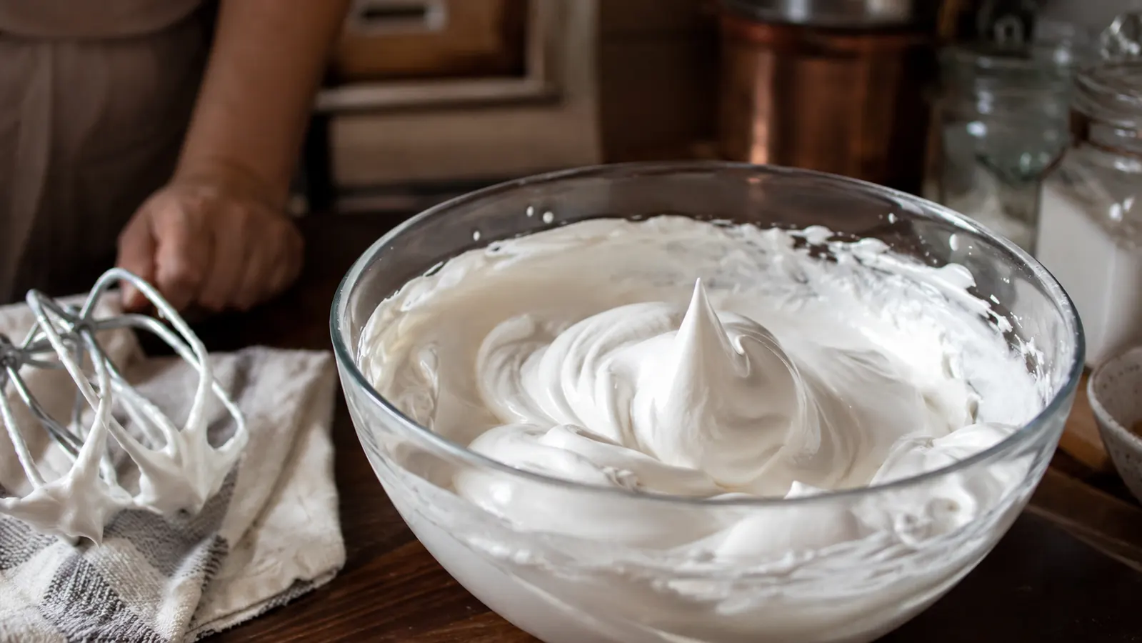 A bowl of glossy stiff-peak egg whites next to a hand mixer with beater attachments resting on a towel
