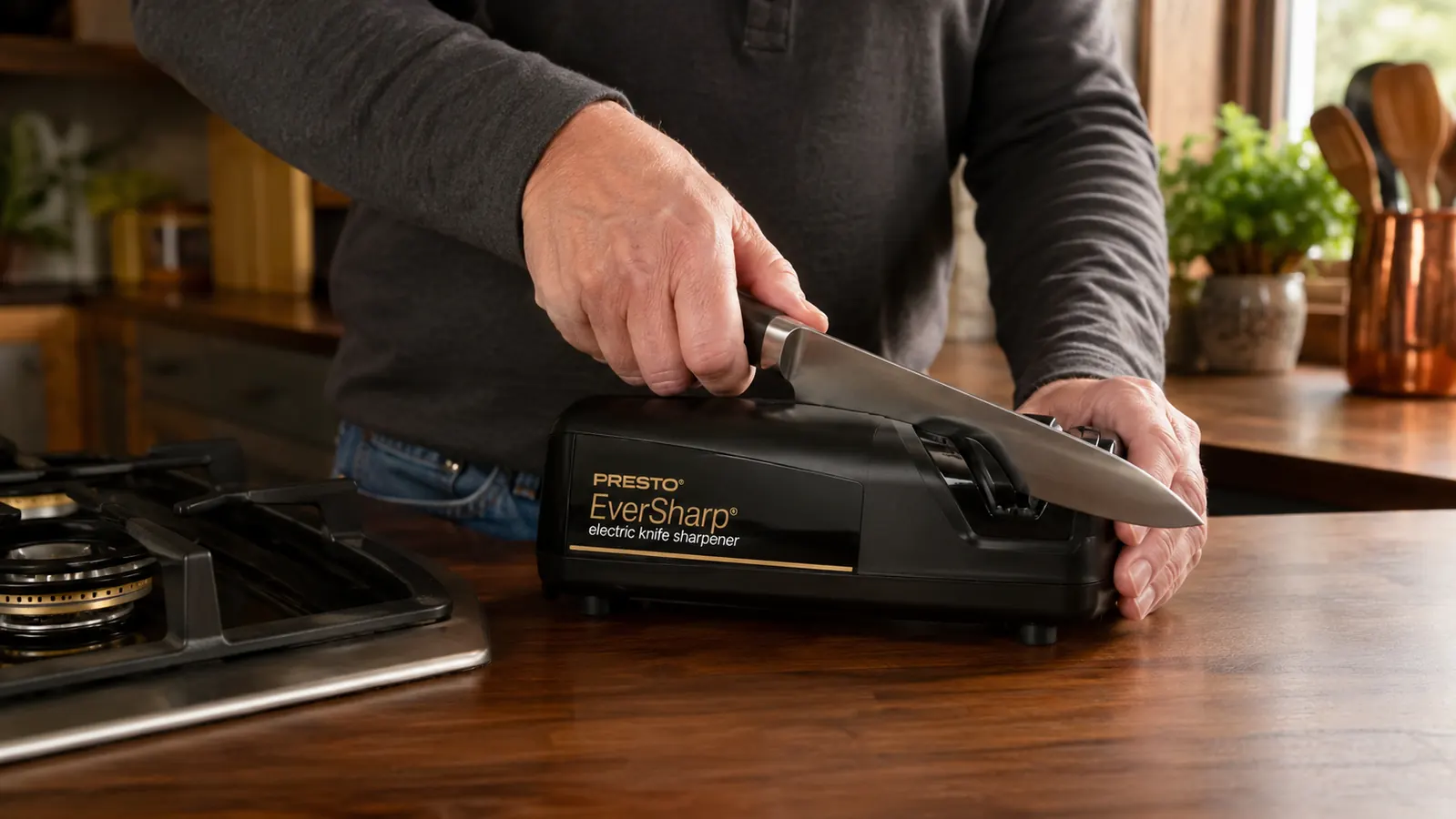 A hand pulling a kitchen knife through the slot of an electric knife sharpener on a countertop