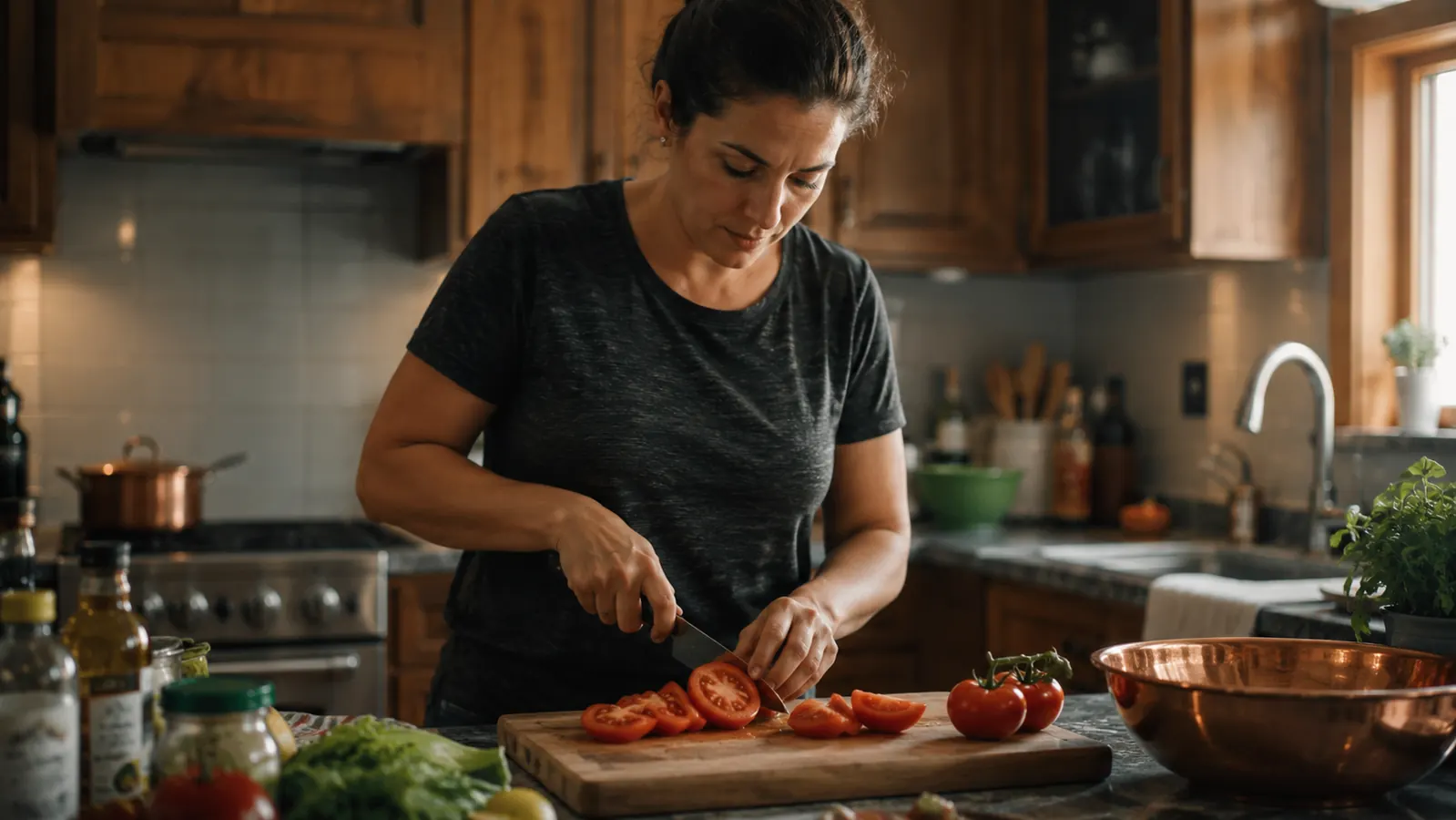 A home cook slicing tomatoes cleanly on a cutting board with juice and mess kept to a minimum