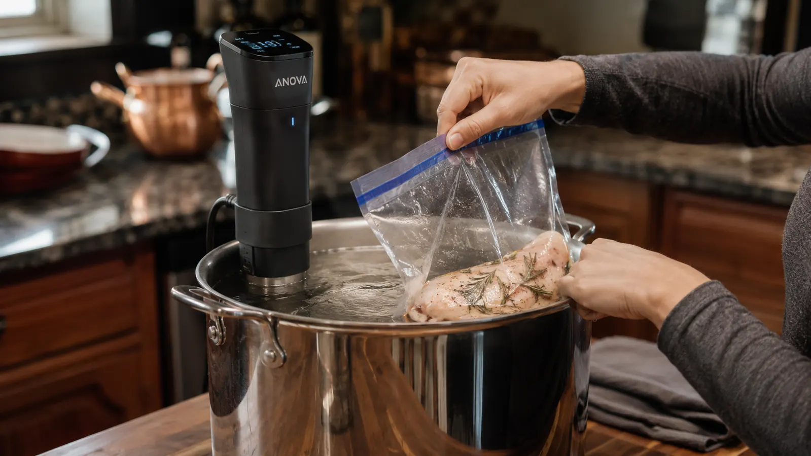 Hand lowering a sealed bag of chicken breast into the Anova water bath