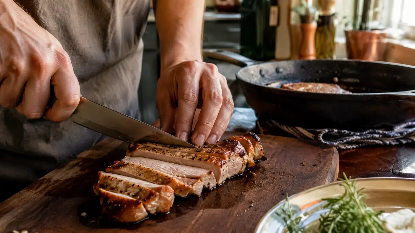 Sliced sous vide pork chop showing even doneness edge to edge next to a resting cast iron pan