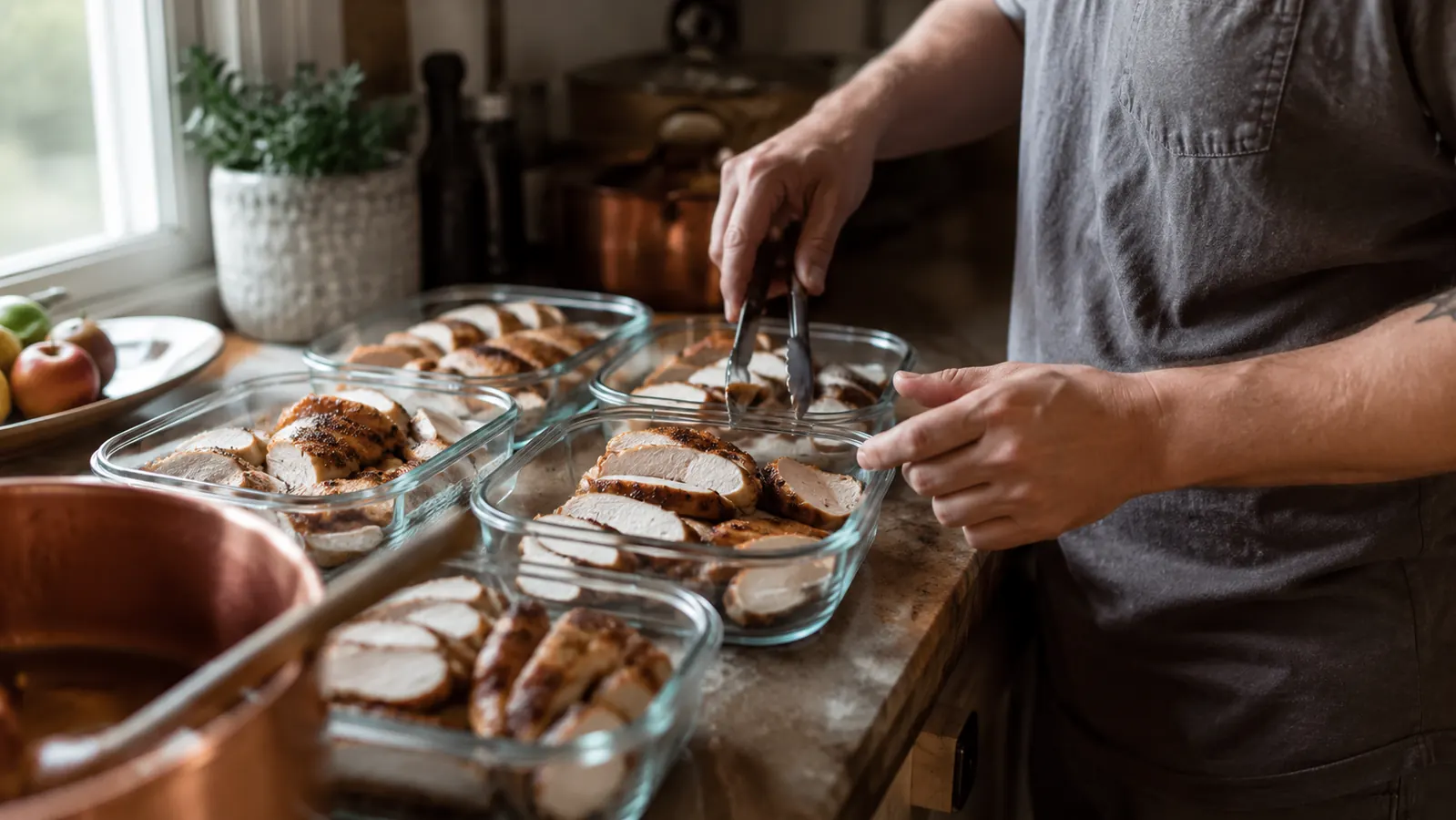 Sunday meal prep containers of sous vide chicken breast portions cooling on a kitchen counter