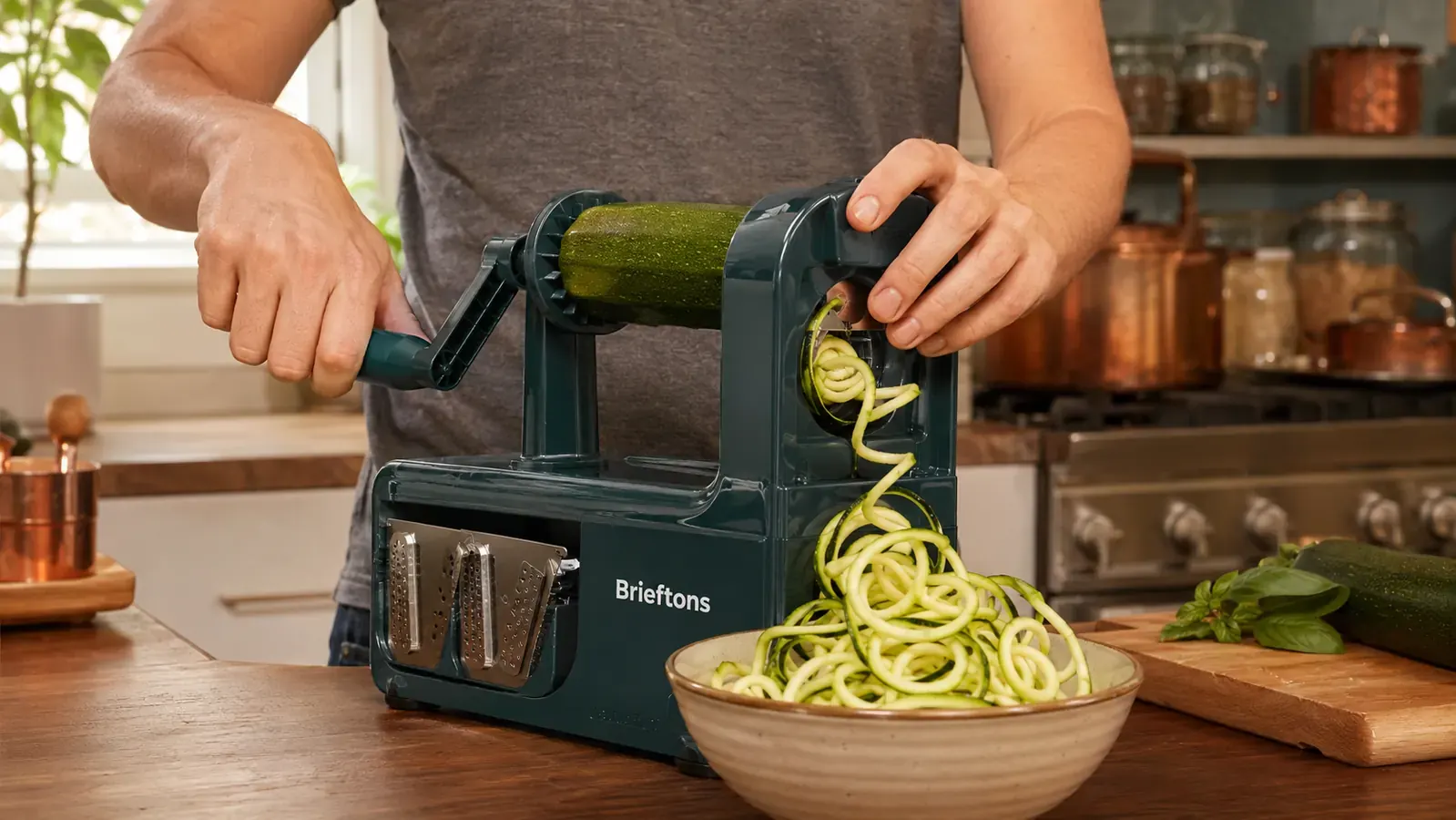 Hands turning the crank on a Brieftons spiralizer while a zucchini feeds through the blade