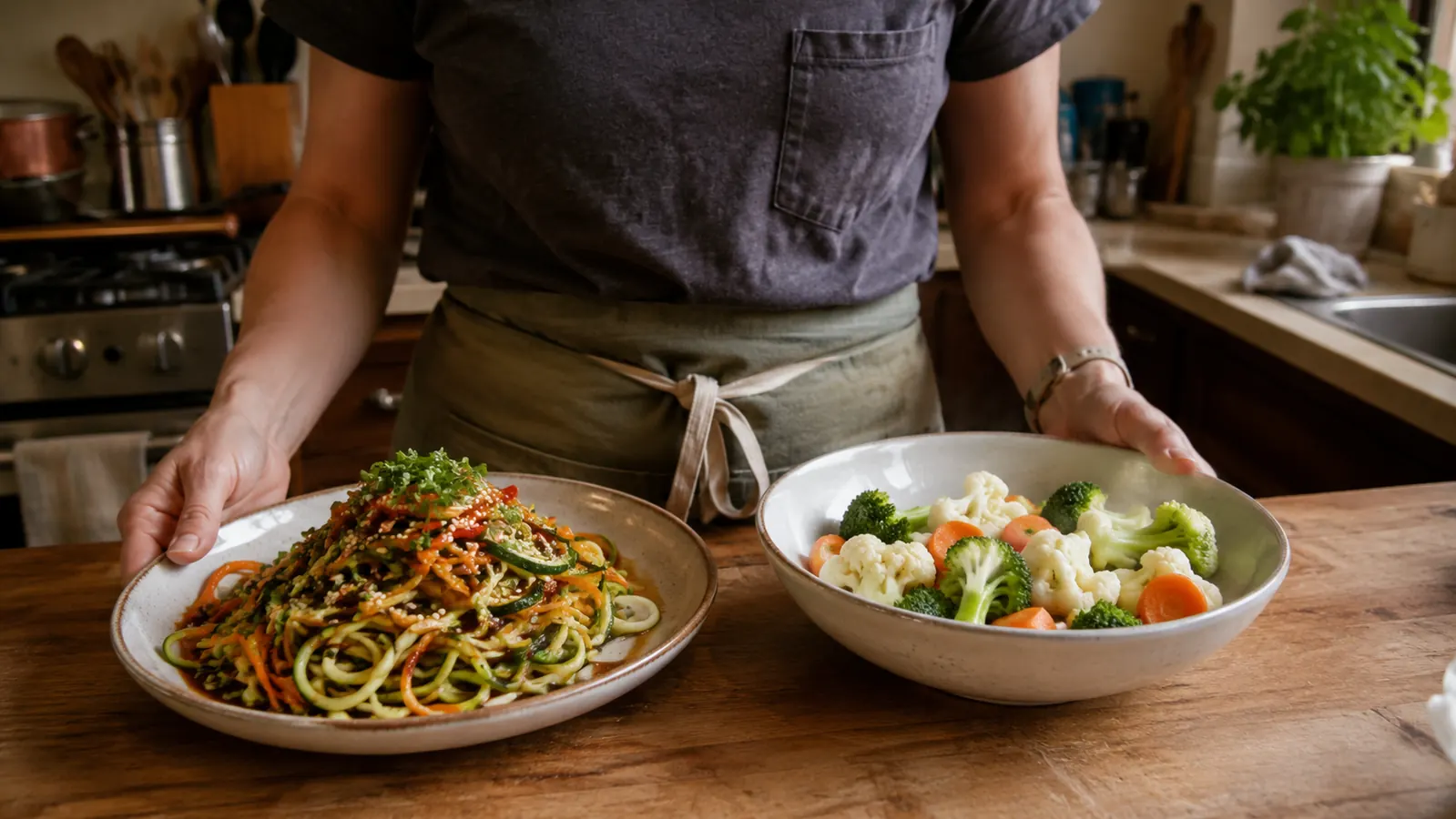 A plate of vegetable noodles topped with sauce sitting next to a plain bowl of steamed vegetable chunks