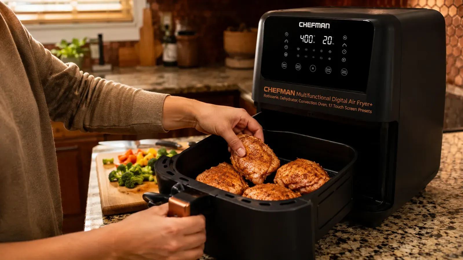 Hands loading chicken thighs into the air fryer basket over a kitchen counter