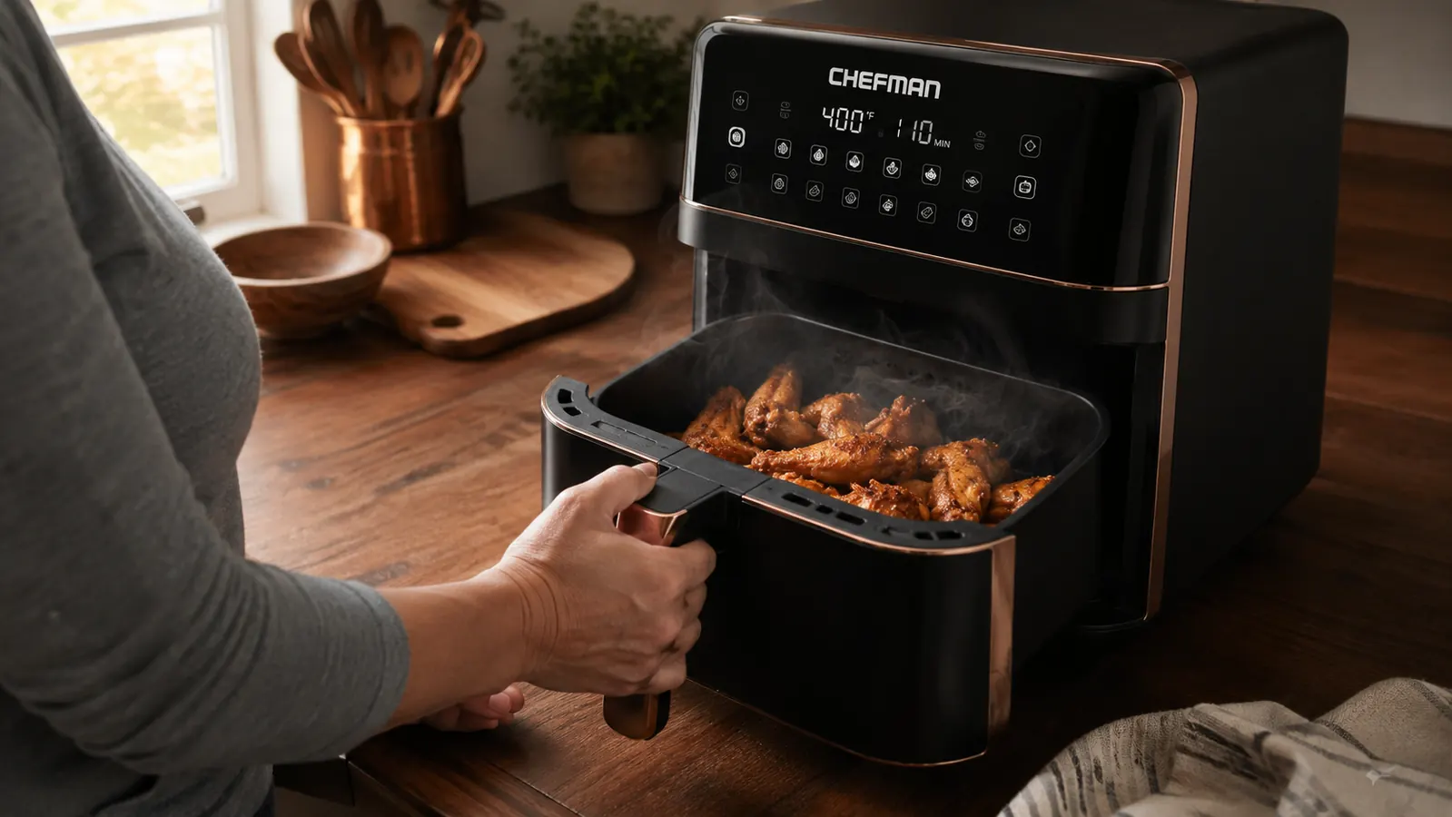 Hand pulling the basket out of the Chefman air fryer with a batch of chicken wings inside