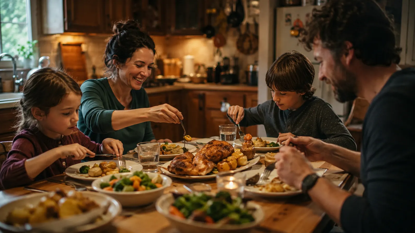 Family sitting down to a weeknight dinner of air-fried chicken and roasted vegetables