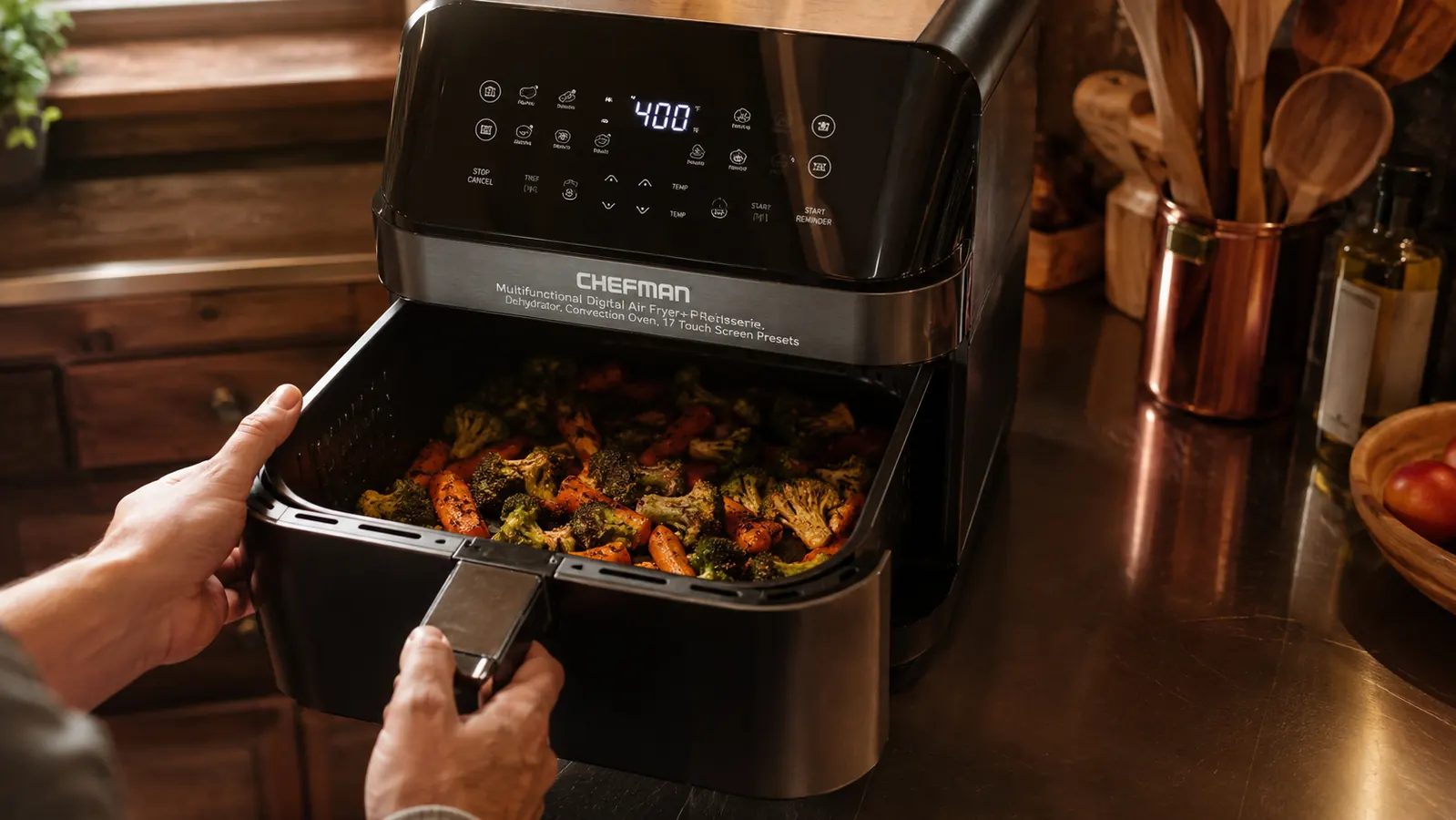 Hand pulling out the basket of the Chefman air fryer with roasted vegetables inside