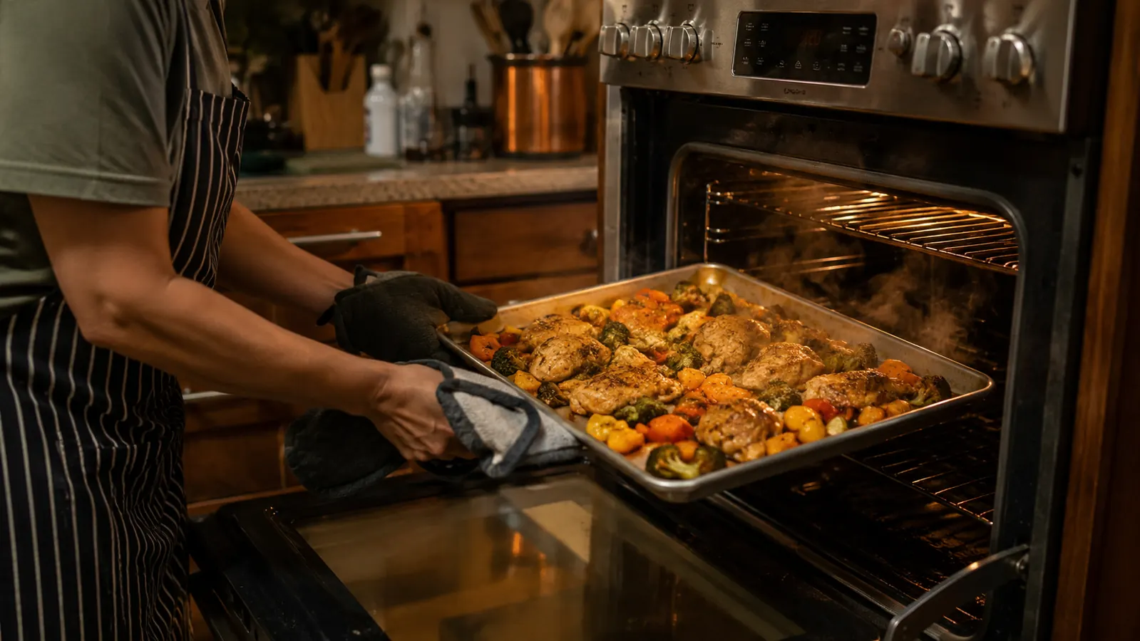 A full sheet pan of roasted vegetables coming out of a countertop convection oven