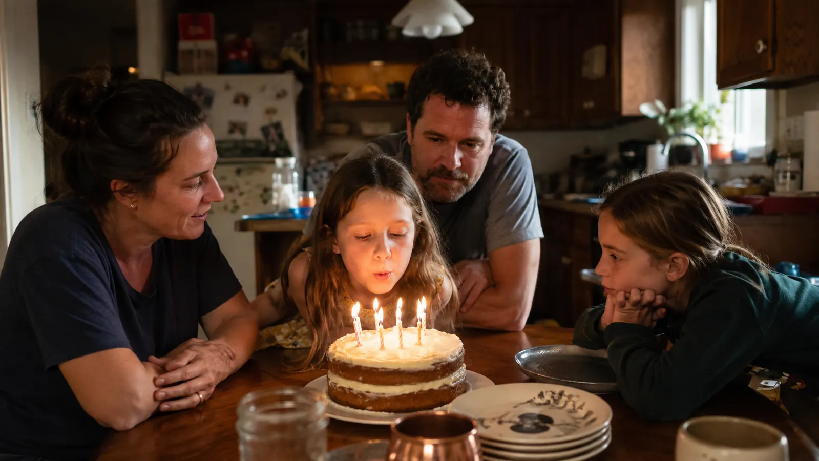 A birthday table with a frosted layer cake, lit candles, and a child about to blow them out