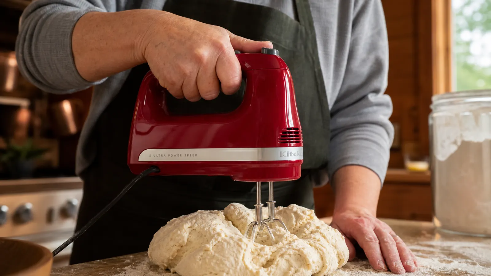Close-up of a hand gripping the KitchenAid hand mixer while beating stiff cookie dough in a large glass bowl