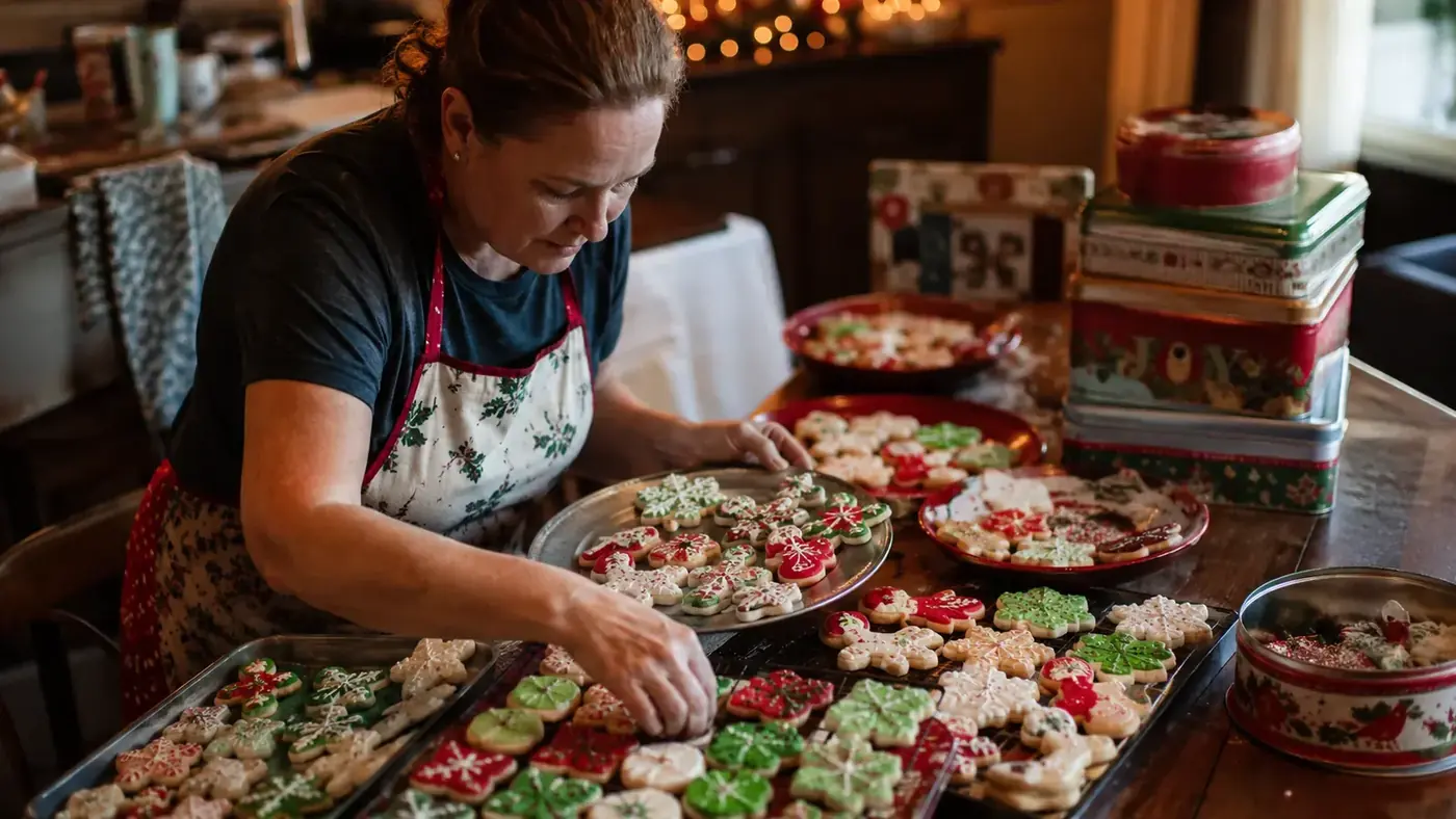 Trays of decorated holiday cookies cooling on a kitchen table with a mixing bowl pushed to the side