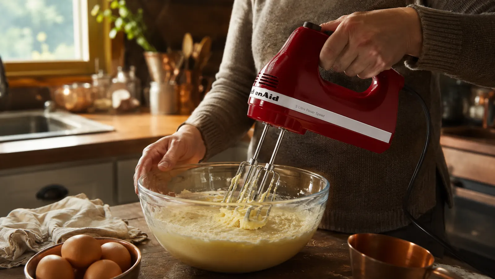 Hand holding the KitchenAid hand mixer beating cake batter in a stainless steel bowl