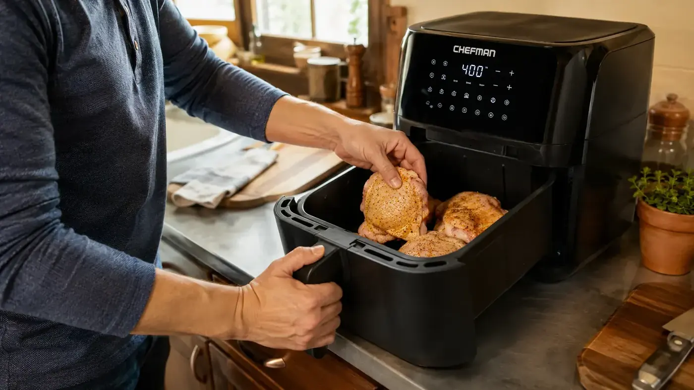 Hand loading seasoned chicken thighs into the Chefman air fryer basket in a single layer