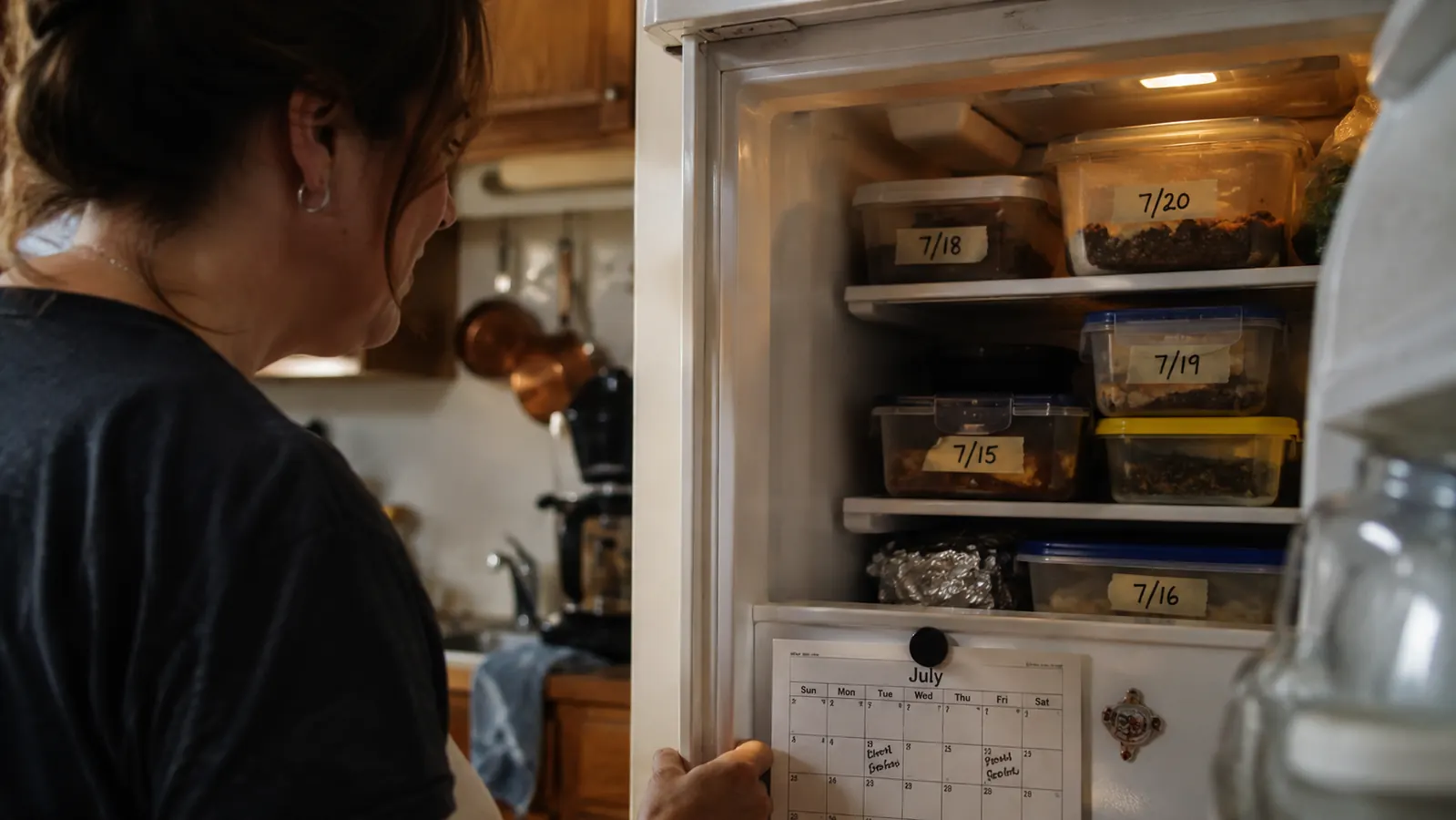 Labeled glass containers of prepped chicken and vegetables stacked in a refrigerator next to a marked calendar