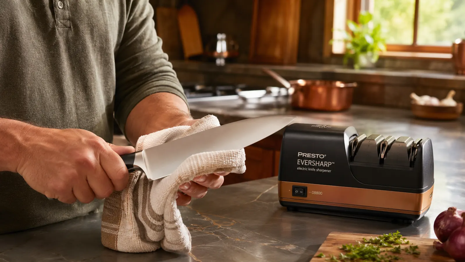 Hand wiping down a chef's knife with a damp cloth before sharpening it