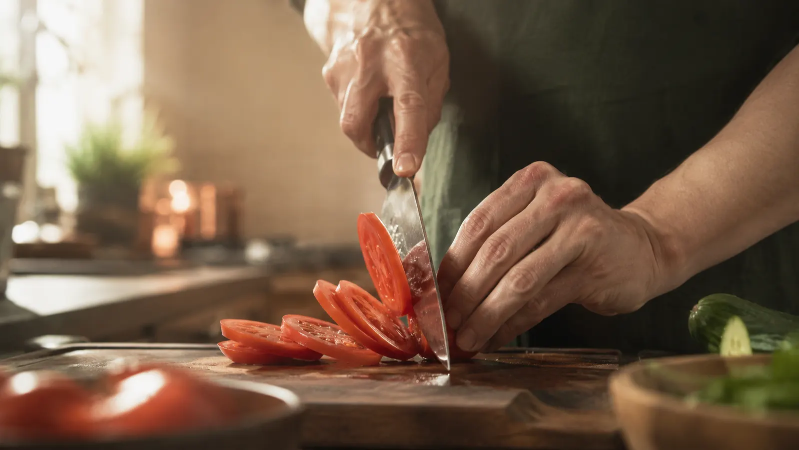 Home cook slicing a ripe tomato into clean, even slices on a wooden board with a freshly sharpened knife