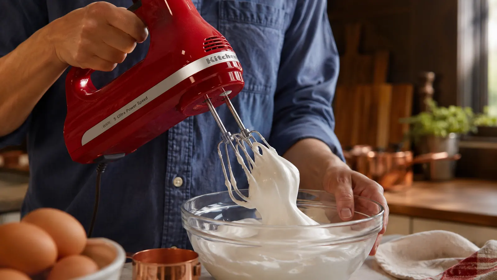 Hand holding the KitchenAid hand mixer lifting glossy stiff-peaked egg whites out of a glass bowl