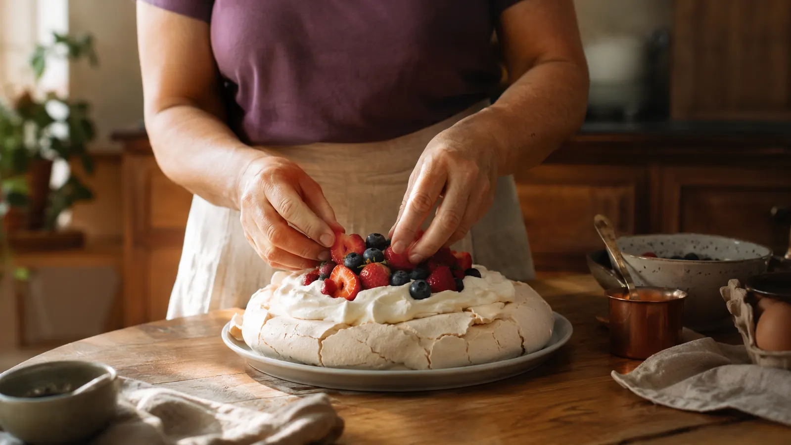 A finished pavlova with a cracked meringue shell and whipped cream on a kitchen table