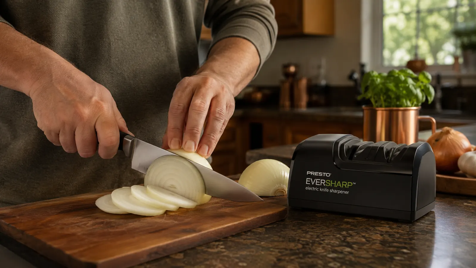 A home cook slicing an onion cleanly and confidently on a wooden cutting board