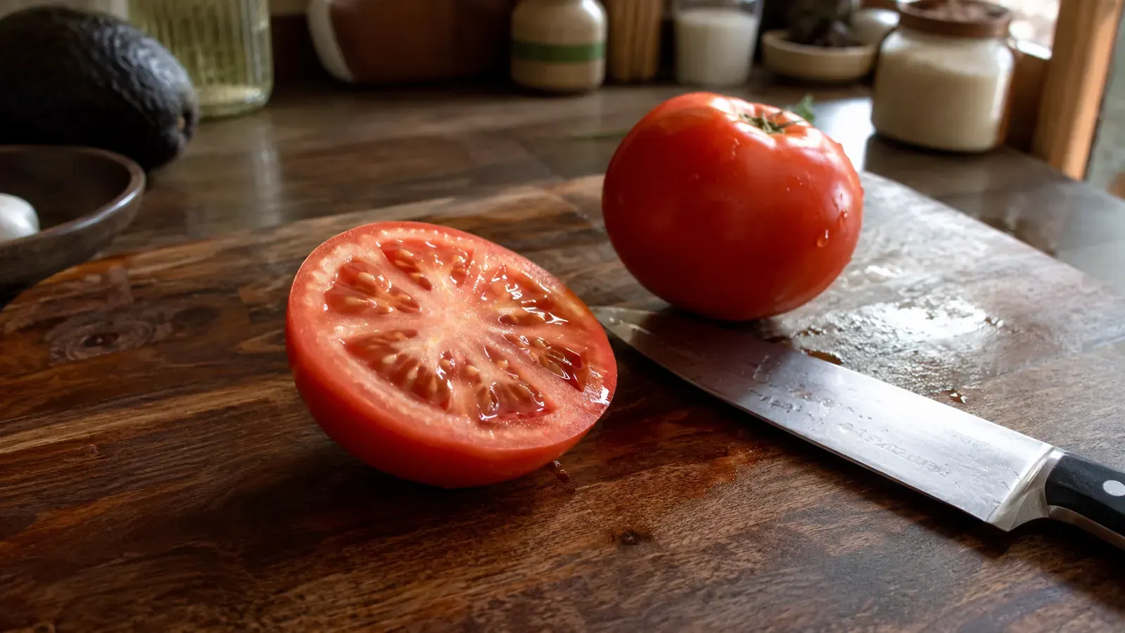 Close-up of a tomato sliced cleanly on a cutting board beside a chef's knife