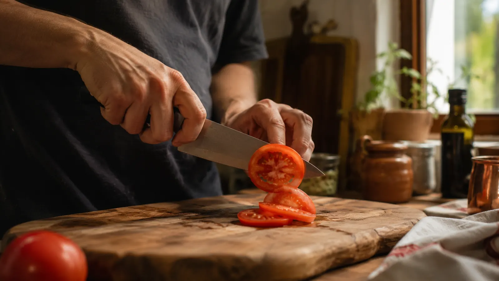 Home cook slicing a tomato cleanly with a freshly sharpened knife on a wooden cutting board