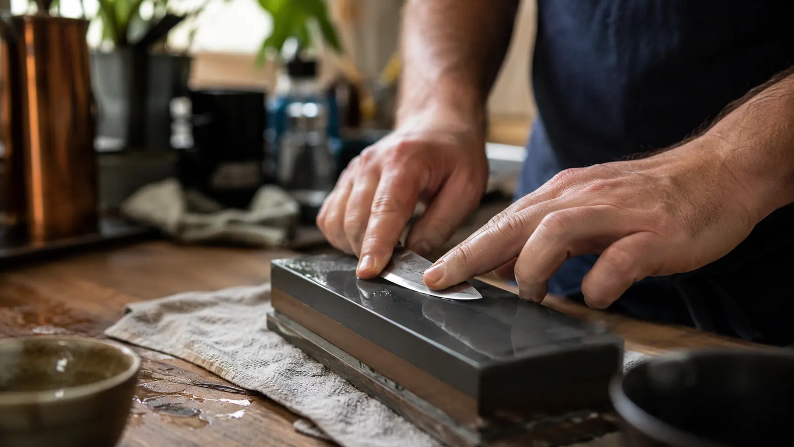 Hands holding a paring knife at an angle against a wet whetstone during sharpening