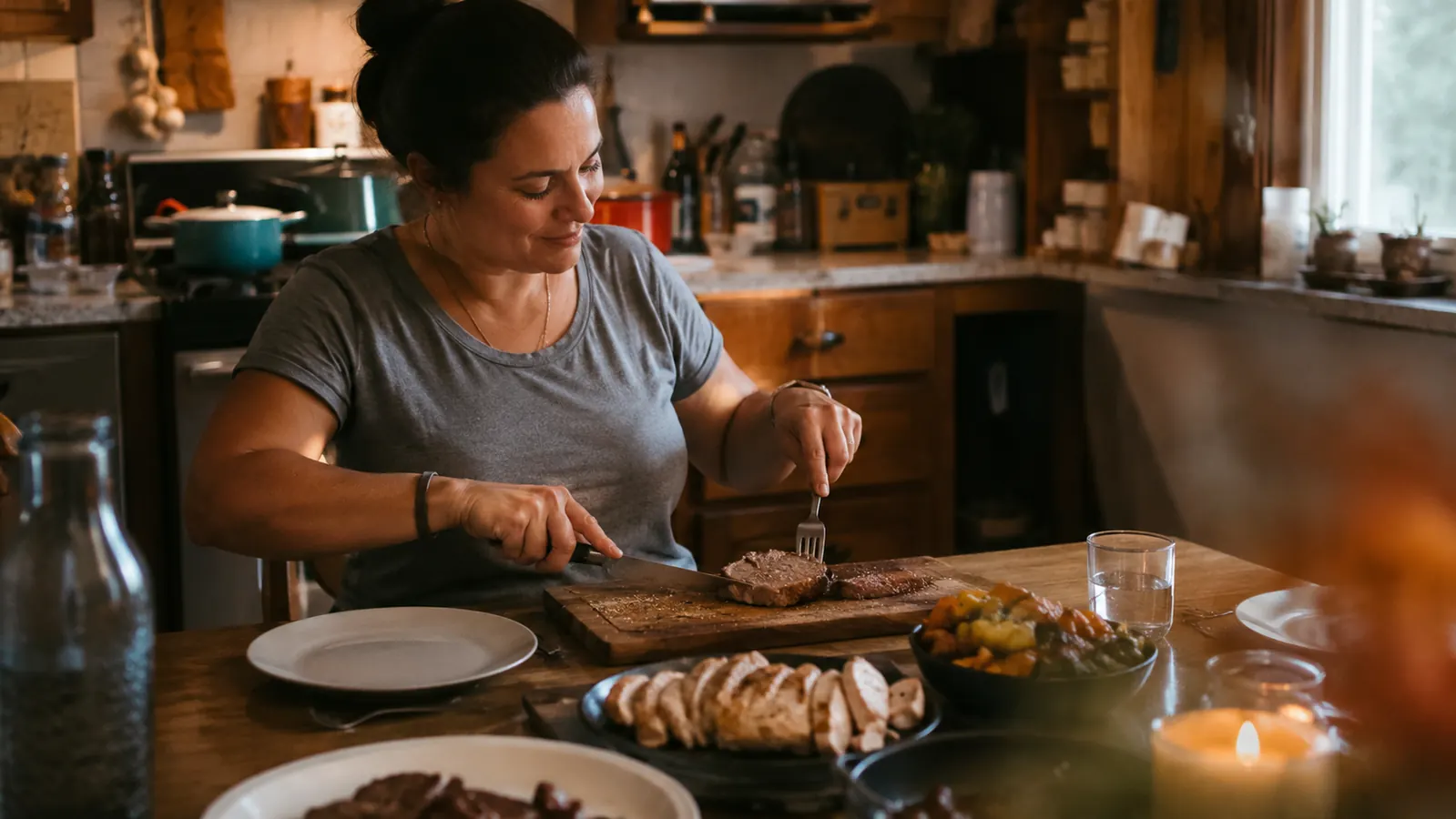 A family dinner table with plates of sliced chicken and seared steak, everyone seated and eating together