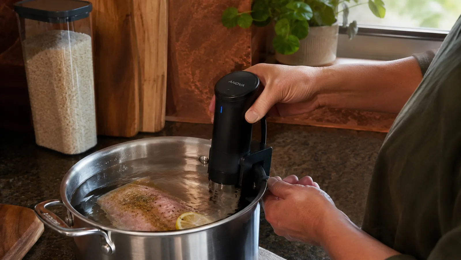 Hand adjusting the Anova Nano clip on the rim of a stockpot that is slightly too shallow, showing the fit issue