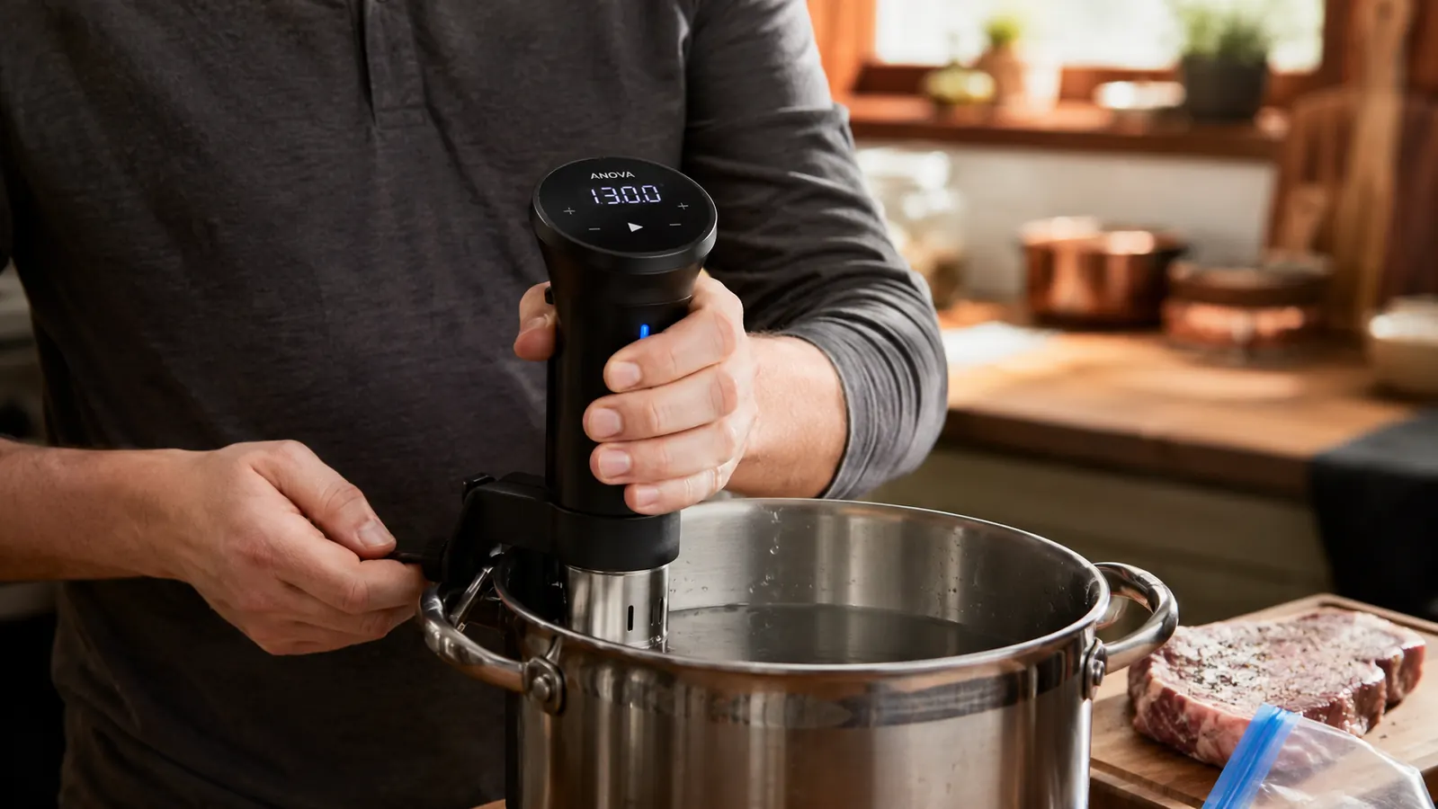 Hand clipping the Anova Nano onto the side of a stockpot filled with water