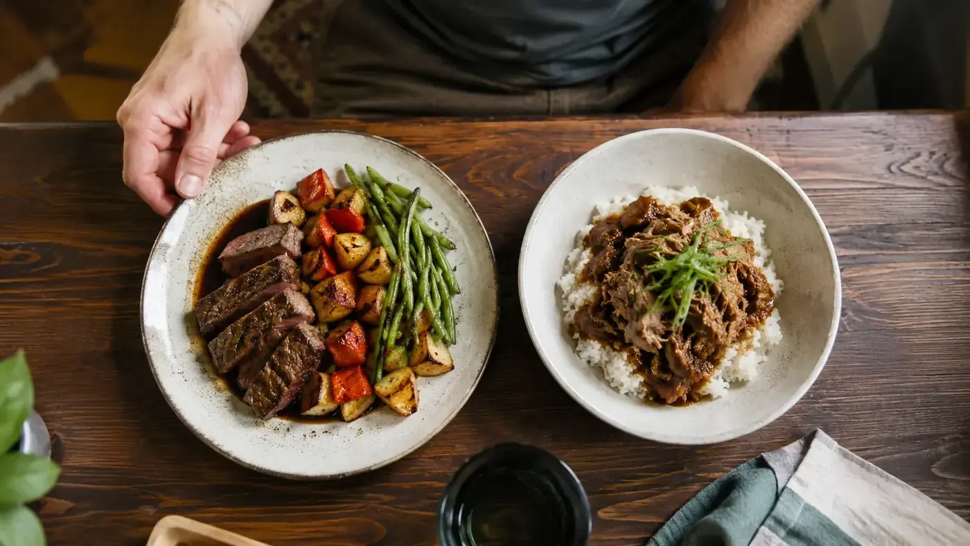 Two dinner plates on a kitchen table, one with a seared steak and one with shredded pork over rice