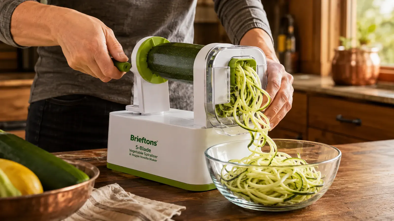 Hand cranking a spiralizer handle with a zucchini mounted on the blade, curls of noodles falling into a bowl below