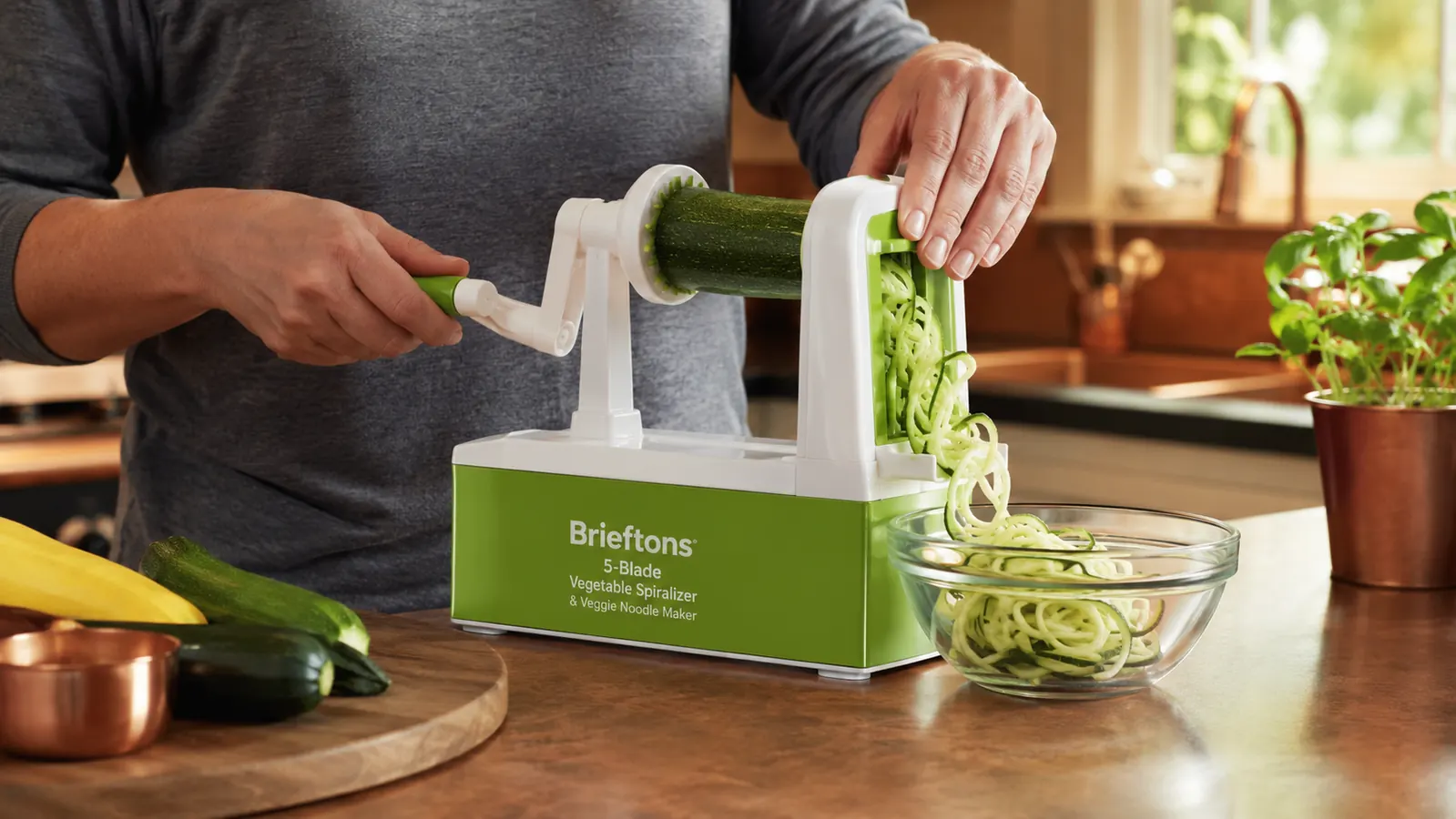 Hand cranking the Brieftons spiralizer with a zucchini locked into the blade housing over a bowl