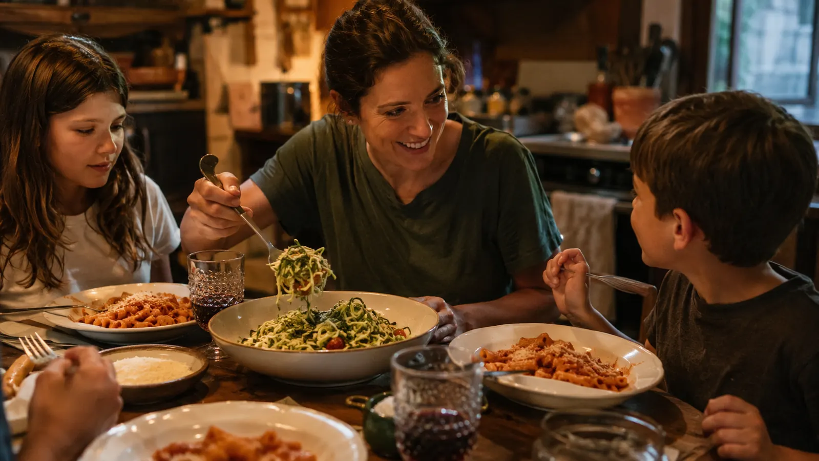 Family sitting down to a weeknight dinner with a big bowl of zucchini noodles at the center of the table