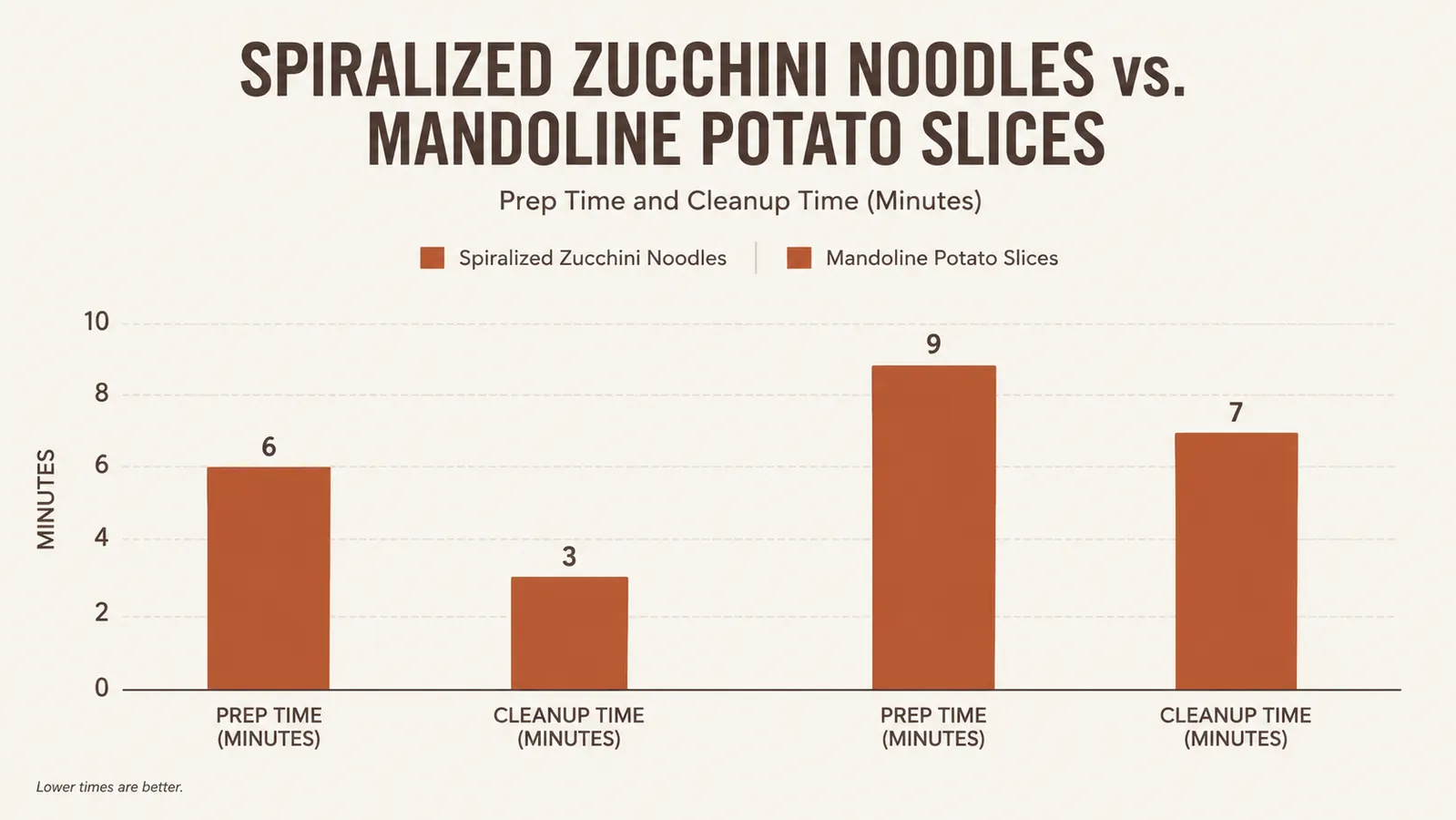 Simple bar chart comparing average prep time for zucchini noodles versus mandoline-sliced potatoes